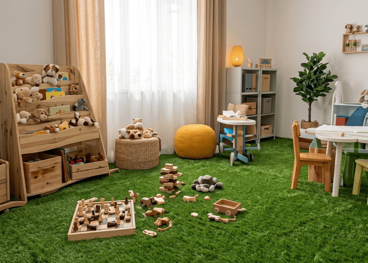 Sala de juegos con materiales Montessori y alfombra verde
