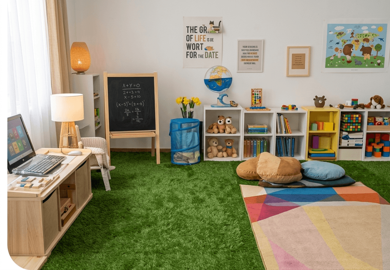 Aula con pizarrón, área de lectura y zona de juego