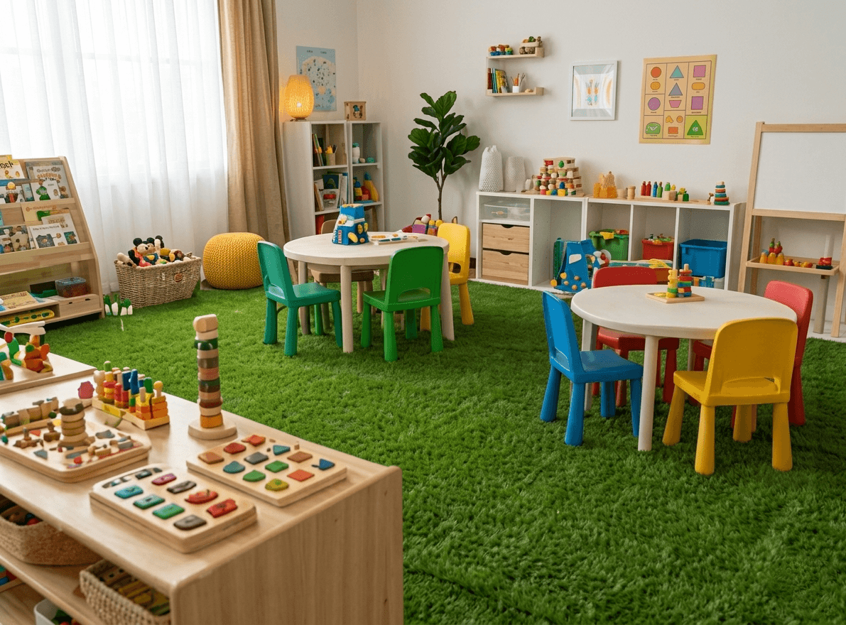 Mesas redondas con sillas de colores y juguetes didácticos