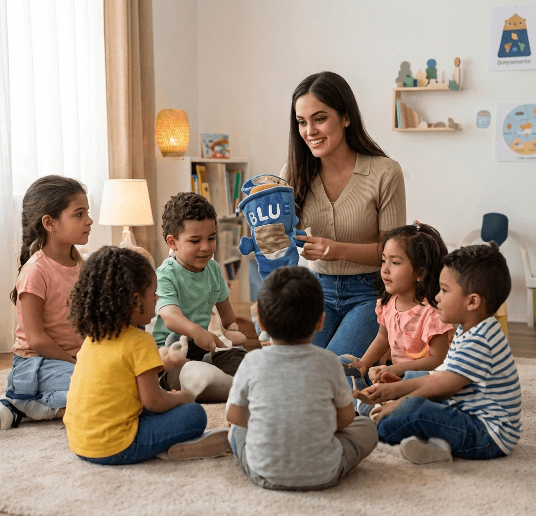 Maestra con niños aprendiendo inglés con Blue Explorer